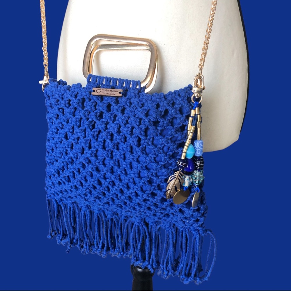 Handmade Blue Macrame bag with fringes with Gold Accents🔹